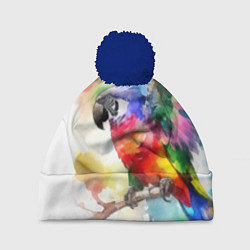 Шапка с помпоном Разноцветный акварельный попугай, цвет: 3D-тёмно-синий