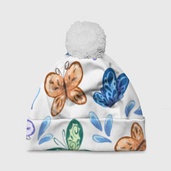Шапка с помпоном Стая водных бабочек, цвет: 3D-белый