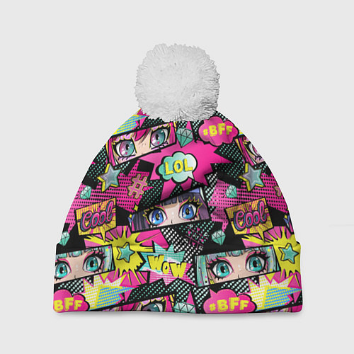 Шапка c помпоном Глаза аниме-девушки: cool pattern / 3D-Белый – фото 1