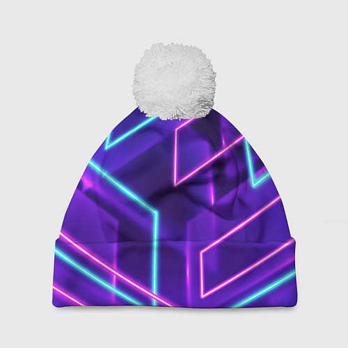 Шапка c помпоном Светящиеся разноцветные полосы / 3D-Белый – фото 1