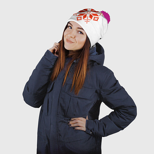 Шапка c помпоном Удмуртский узор / 3D-Малиновый – фото 2