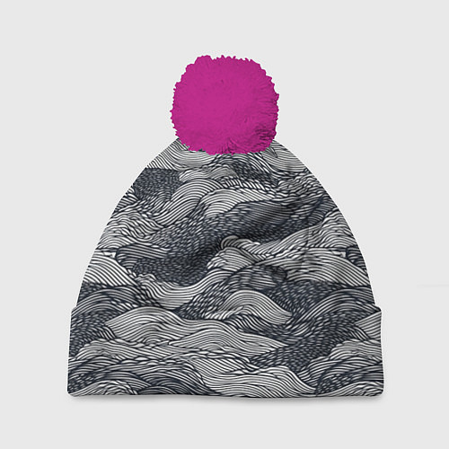 Шапка c помпоном Черные абстрактные волны / 3D-Малиновый – фото 1