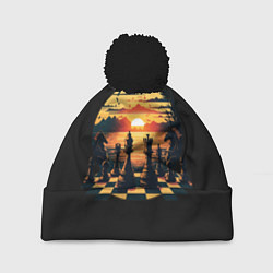 Шапка с помпоном Шахматы любуются закатом, цвет: 3D-черный