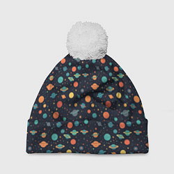 Шапка с помпоном Темный космос с планетами паттерн, цвет: 3D-белый