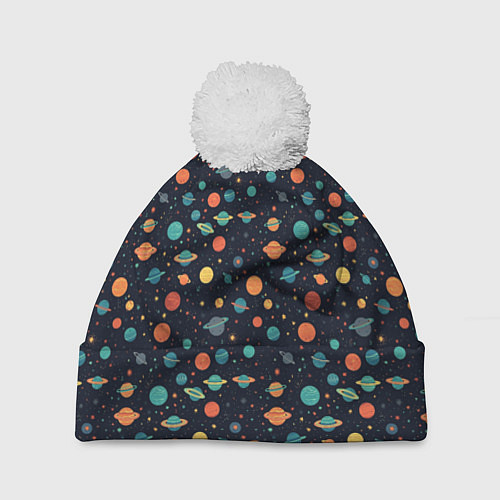 Шапка c помпоном Темный космос с планетами паттерн / 3D-Белый – фото 1