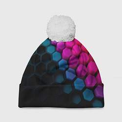 Шапка с помпоном Цветной шестиугольник, цвет: 3D-белый
