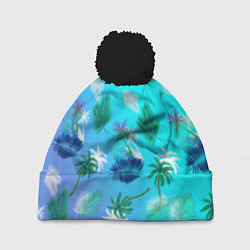 Шапка с помпоном Пальмы на голубом градиенте, цвет: 3D-черный