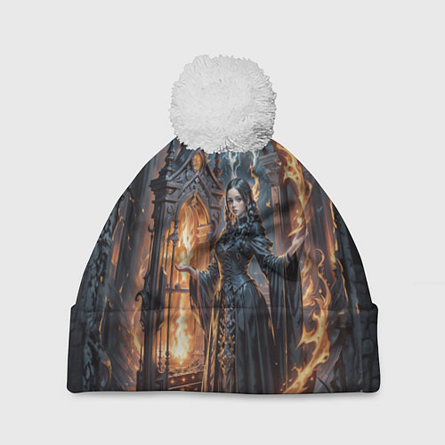 Шапка c помпоном Готическая ведьма и огонь в подземелье / 3D-Белый – фото 1