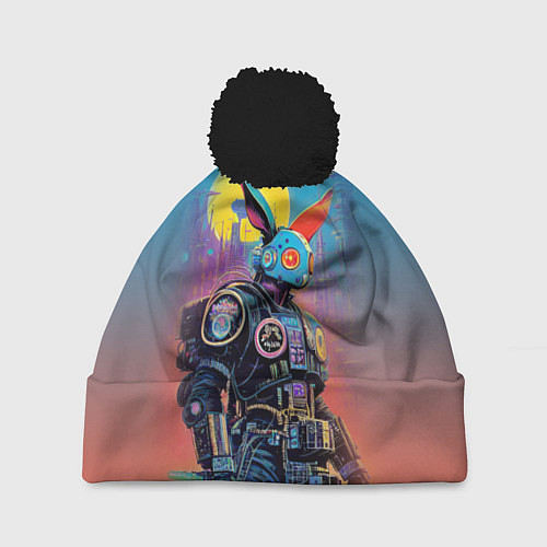 Шапка c помпоном Кибер-заяц - нейросеть / 3D-Черный – фото 1