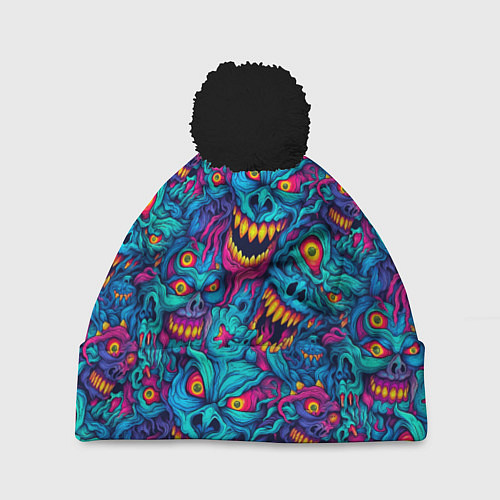 Шапка c помпоном Неоновые монстры - graffiti art style pattern / 3D-Черный – фото 1