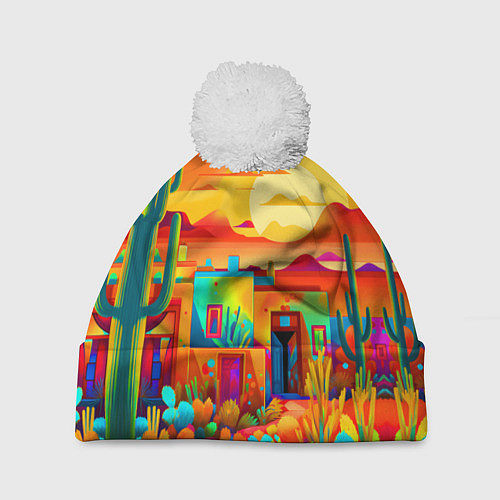 Шапка c помпоном Мексиканский янтарный закат в пустыне / 3D-Белый – фото 1