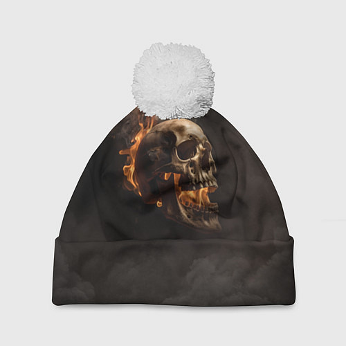 Шапка c помпоном Горящий череп в дыму / 3D-Белый – фото 1