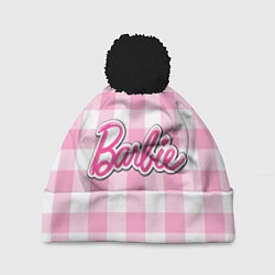 Шапка с помпоном Барби лого розовая клетка, цвет: 3D-черный