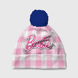 Шапка с помпоном Барби лого розовая клетка, цвет: 3D-тёмно-синий