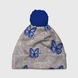 Шапка с помпоном Газетные обрывки и синие бабочки, цвет: 3D-тёмно-синий