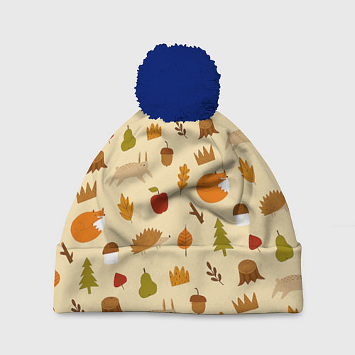 Шапка c помпоном Паттерн - осень / 3D-Тёмно-синий – фото 1