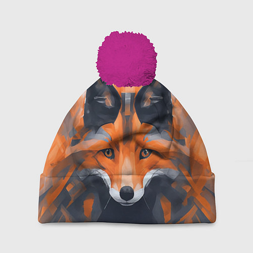 Шапка c помпоном Нарисованная огненная лиса / 3D-Малиновый – фото 1