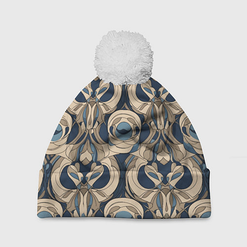 Шапка c помпоном Коричневый узор паттерн / 3D-Белый – фото 1