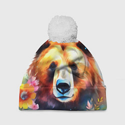 Шапка с помпоном Морда медведя гризли с цветами акварелью, цвет: 3D-белый