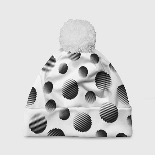 Шапка c помпоном Черные полосатые шары на белом / 3D-Белый – фото 1