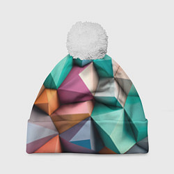 Шапка с помпоном Полигональные объемные кубы и тетраэдры в пастельн, цвет: 3D-белый