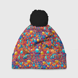 Шапка с помпоном Разноцветные пузырики узор, цвет: 3D-черный
