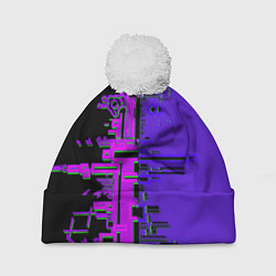 Шапка с помпоном Кибер-глитч фиолетовый, цвет: 3D-белый