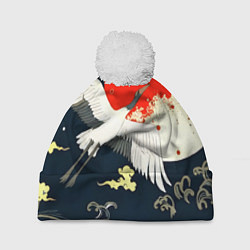 Шапка с помпоном Кимоно с японскими журавлями, цвет: 3D-белый