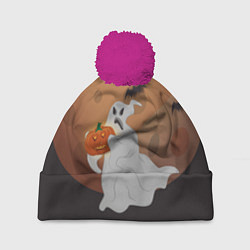 Шапка с помпоном Приведение со злой тыквой, цвет: 3D-малиновый