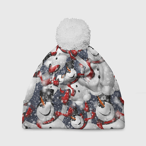 Шапка c помпоном Зимний паттерн со снеговиками / 3D-Белый – фото 1