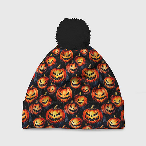 Шапка c помпоном Весёлые тыквы на Хеллоуин паттерн / 3D-Черный – фото 1