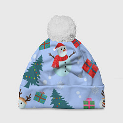 Шапка с помпоном Снеговики с новогодними подарками паттерн, цвет: 3D-белый