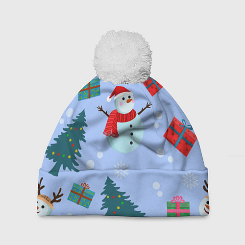 Шапка c помпоном Снеговики с новогодними подарками паттерн / 3D-Белый – фото 1