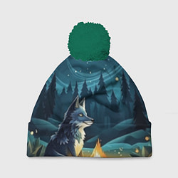 Шапка с помпоном Волк у костра в стиле фолк-арт, цвет: 3D-зеленый