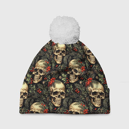 Шапка c помпоном Череп рябина шишки и хвойные ветки / 3D-Белый – фото 1