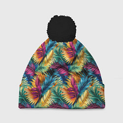 Шапка с помпоном Разноцветные пальмовые листья паттерн, цвет: 3D-черный