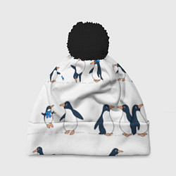 Шапка с помпоном Семейство пингвинов на прогулке, цвет: 3D-черный