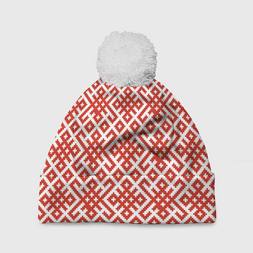Шапка c помпоном Славянские обережные узоры / 3D-Белый – фото 1