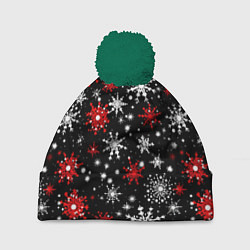 Шапка с помпоном Белые и красные снежинки на черном фоне - нейросет, цвет: 3D-зеленый