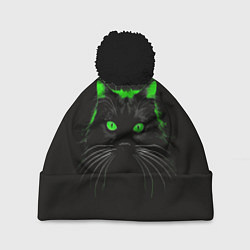 Шапка с помпоном Черный кот в зеленом свечении, цвет: 3D-черный