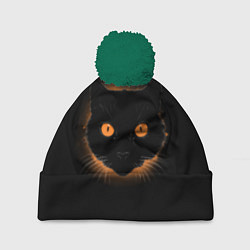 Шапка с помпоном Портрет черного кота в оранжевом свечении, цвет: 3D-зеленый