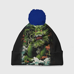 Шапка с помпоном Зеленый дракон символ года, цвет: 3D-тёмно-синий