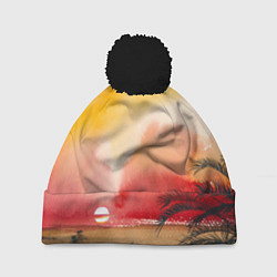 Шапка с помпоном Тропический закат акварель, цвет: 3D-черный