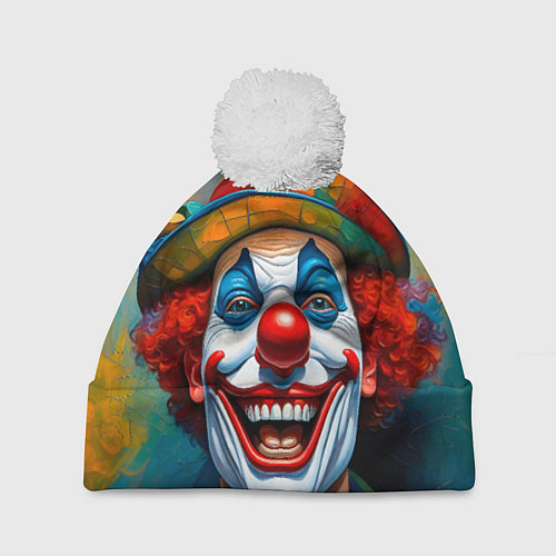 Шапка c помпоном Нейросеть - Хэллоуин безумный клоун / 3D-Белый – фото 1
