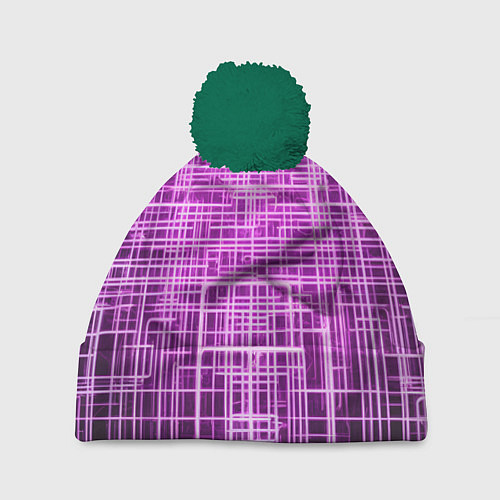 Шапка c помпоном Фиолетовые неоновые полосы киберпанк / 3D-Зеленый – фото 1