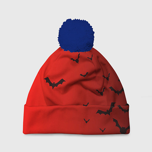 Шапка c помпоном Летучие мыши на красном фоне / 3D-Тёмно-синий – фото 1