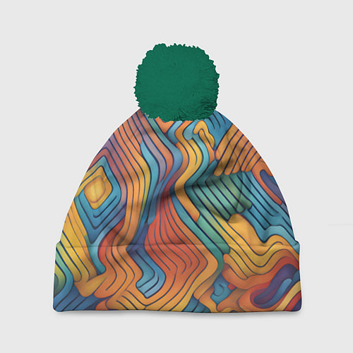Шапка c помпоном Волнистые линии жёлтые и голубые / 3D-Зеленый – фото 1