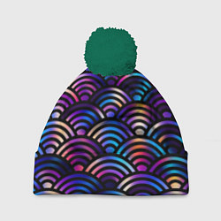 Шапка с помпоном Разноцветные волны-чешуйки, цвет: 3D-зеленый