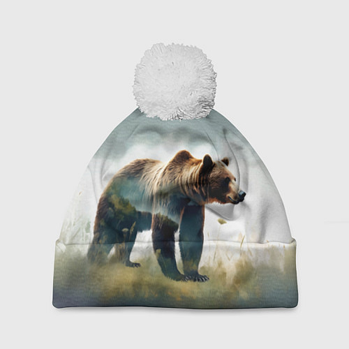 Шапка c помпоном Минималистичный пейзаж с медведем акварель / 3D-Белый – фото 1