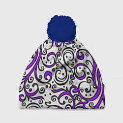 Шапка с помпоном Фиолетовые кружевные узоры, цвет: 3D-тёмно-синий